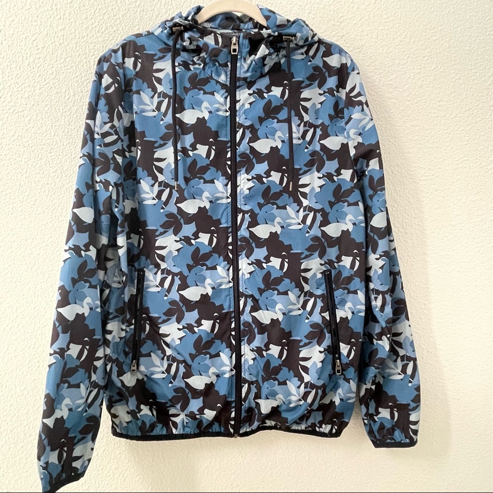 Zara Man blue leaf botanical print windbreaker hooded jacket size large slim fit